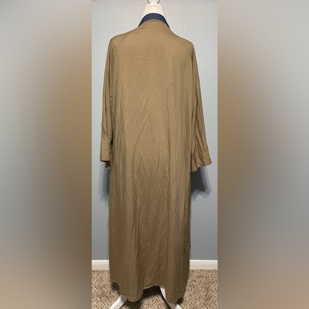 Khaki Floral Embroidered Long Kimono Duster Robe Festival Boho Lagenlook OS - Picture 6 of 9